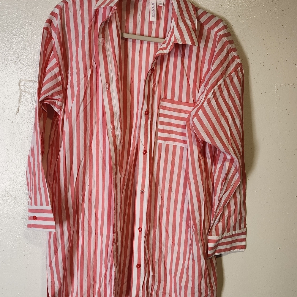 Joyspun Striped Red & White Button-Up Shirt - Casual Women’s Shirt Or Cover Up